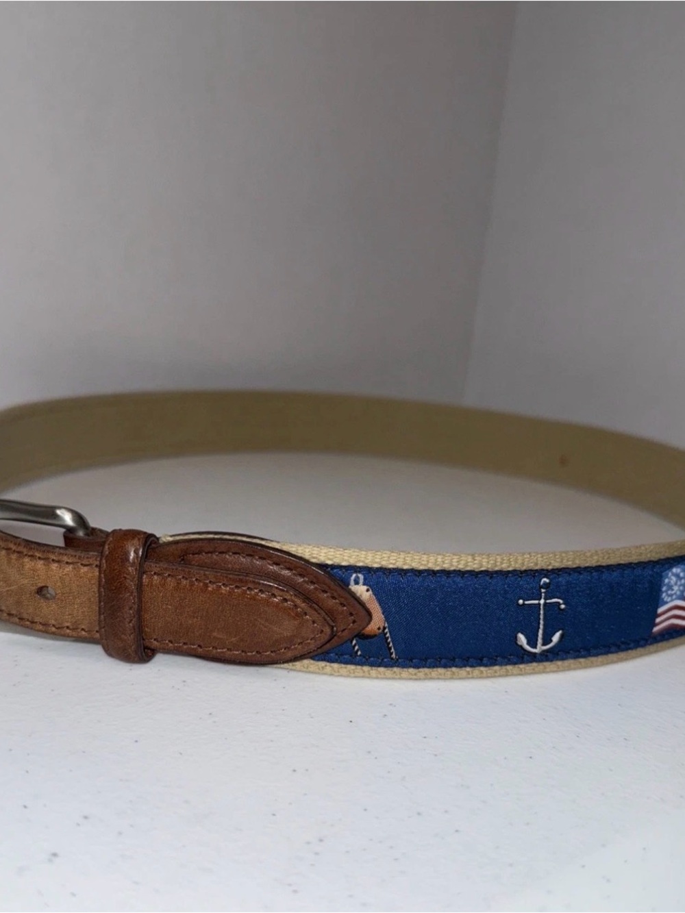 The belted cow men’s 36 Navy Anchor Embroidered Leather-Trim Men’s Belt